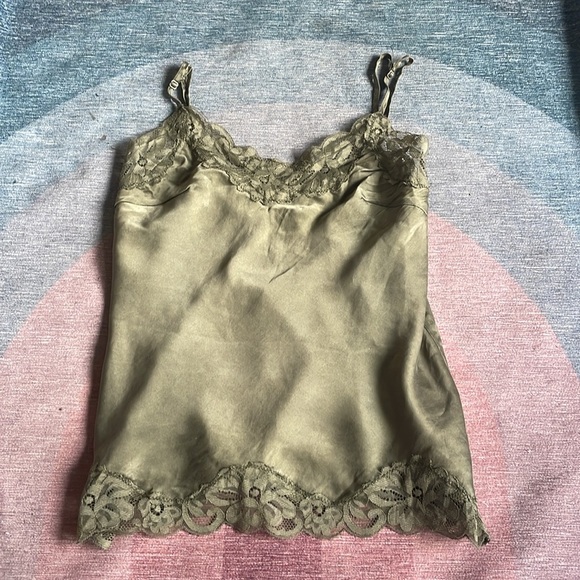 Vintage Y2k Gold Hawk Elegant Olive Green Lace Trim Silk Camisole - Picture 9 of 13